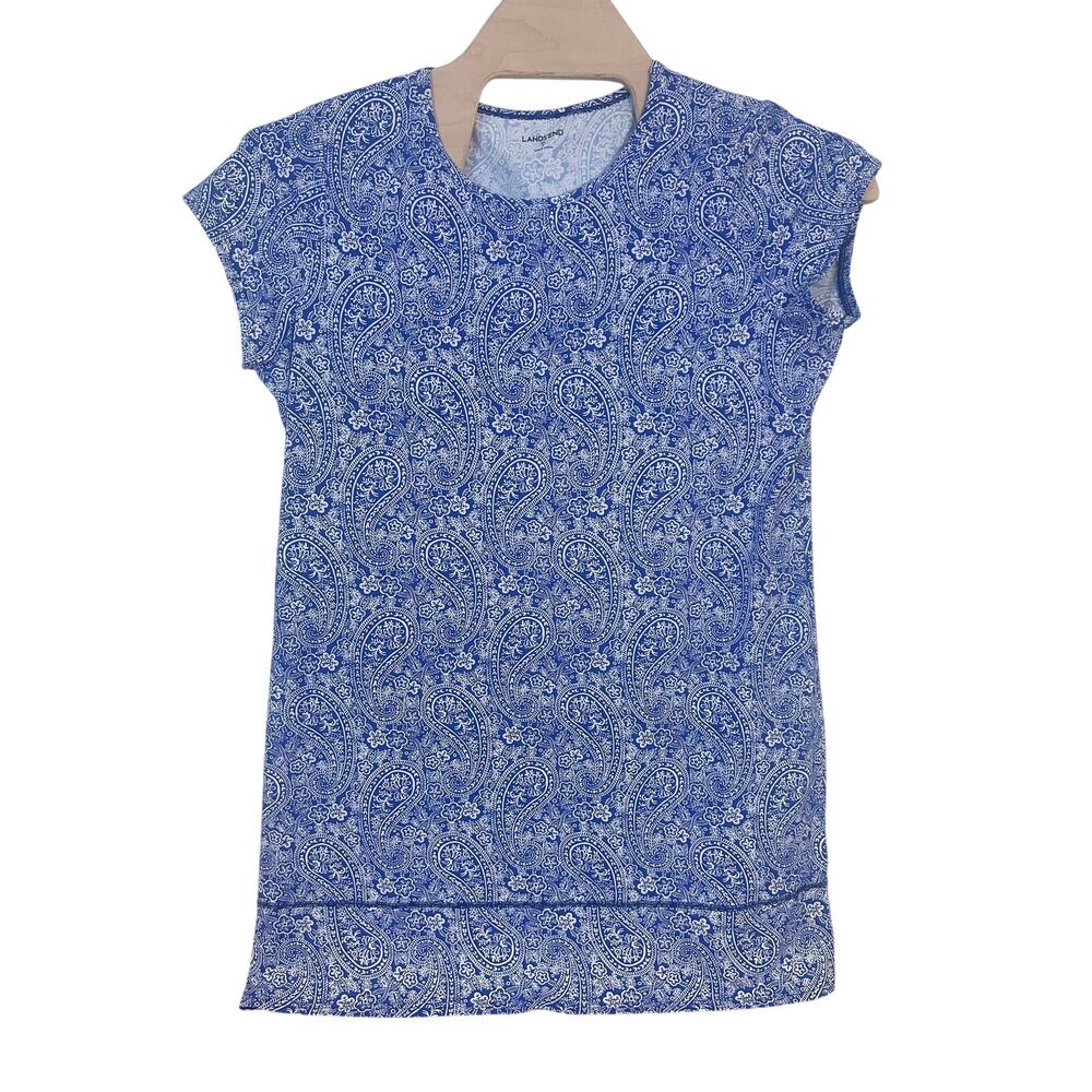 Lands' End Sz XL Blue Paisley Swim Coverup Crew Neck Short Sleeves Scuba Like